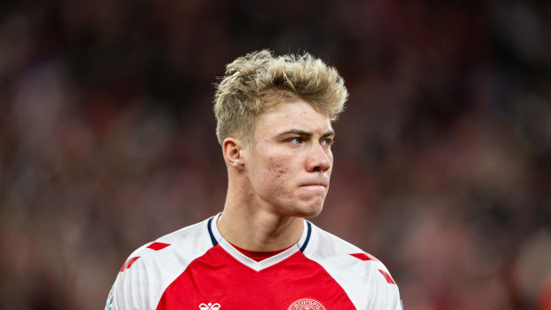 Rasmus Hojlund pictured playing for Denmark in October 2023